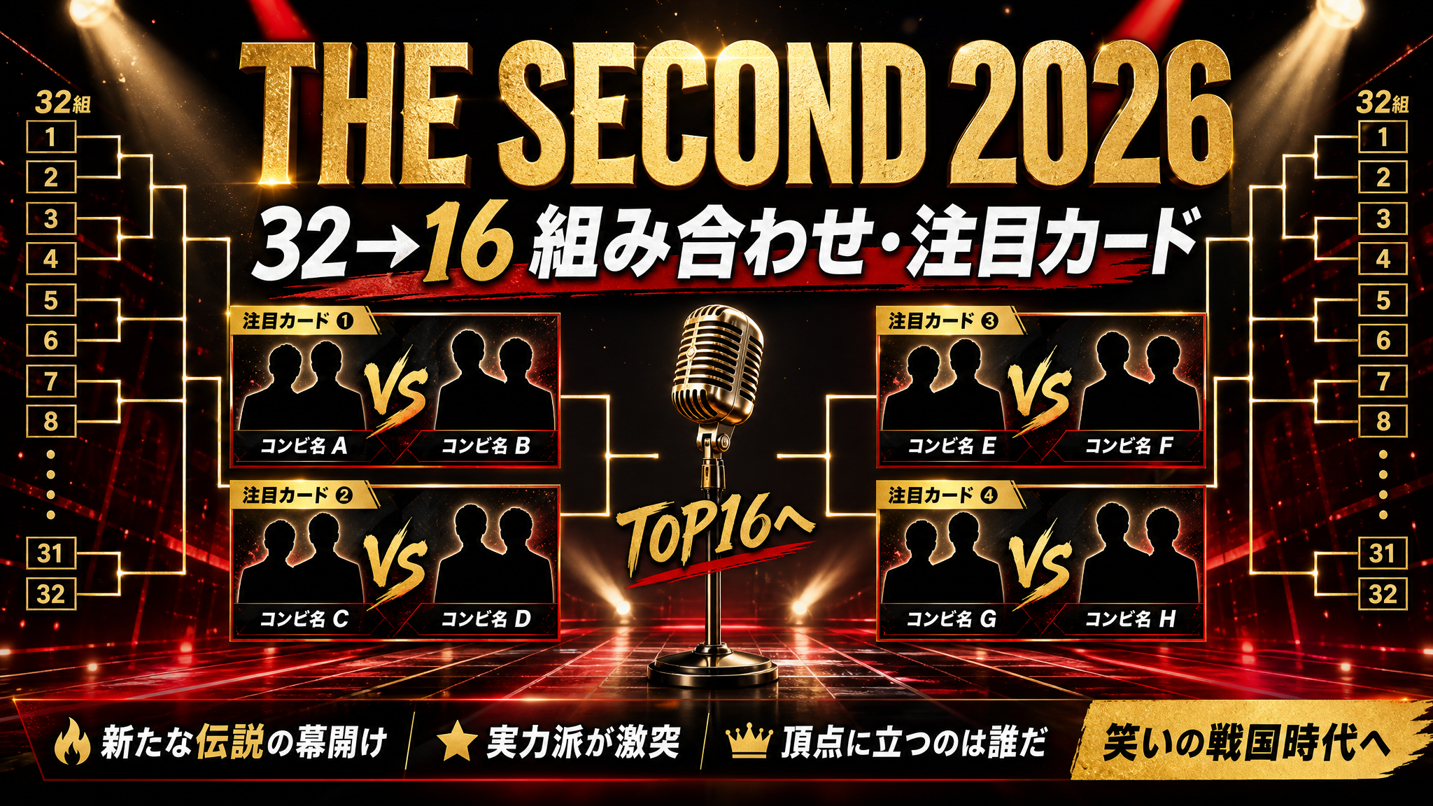 THE SECOND 2026の組み合わせ記事向けアイキャッチ。黒と赤と金を基調に、トーナメント表を想起させるライン、対戦カード風のパネル、舞台照明と「THE SECOND 2026」「32→16 組み合わせ・注目カード」の文字を入れたデザイン