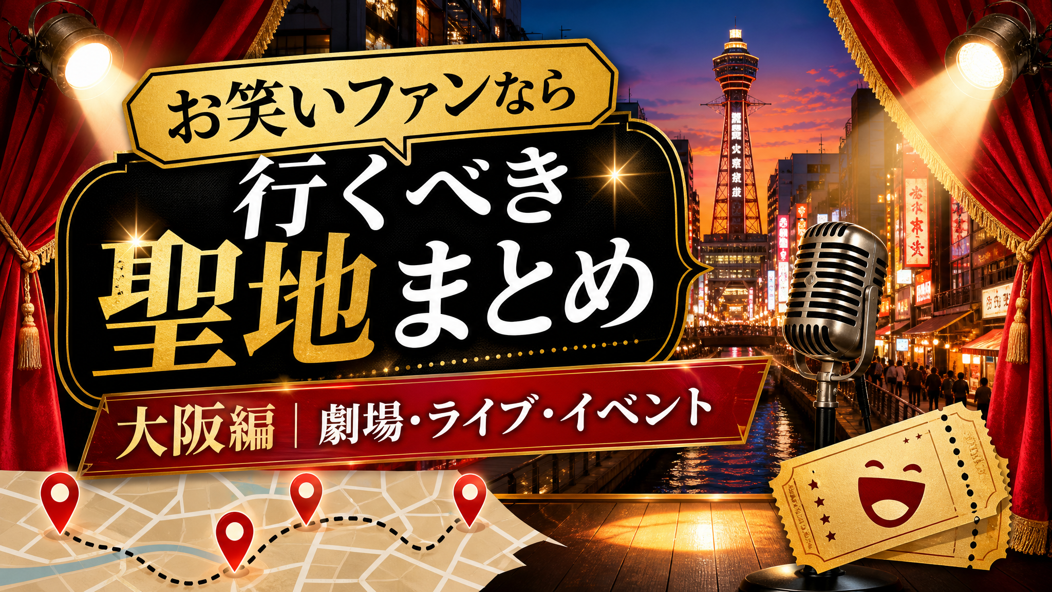 大阪のお笑い聖地をイメージしたアイキャッチ。なんばの街並みを背景に、舞台幕・マイク・チケット・ライブスポットを表すデザイン