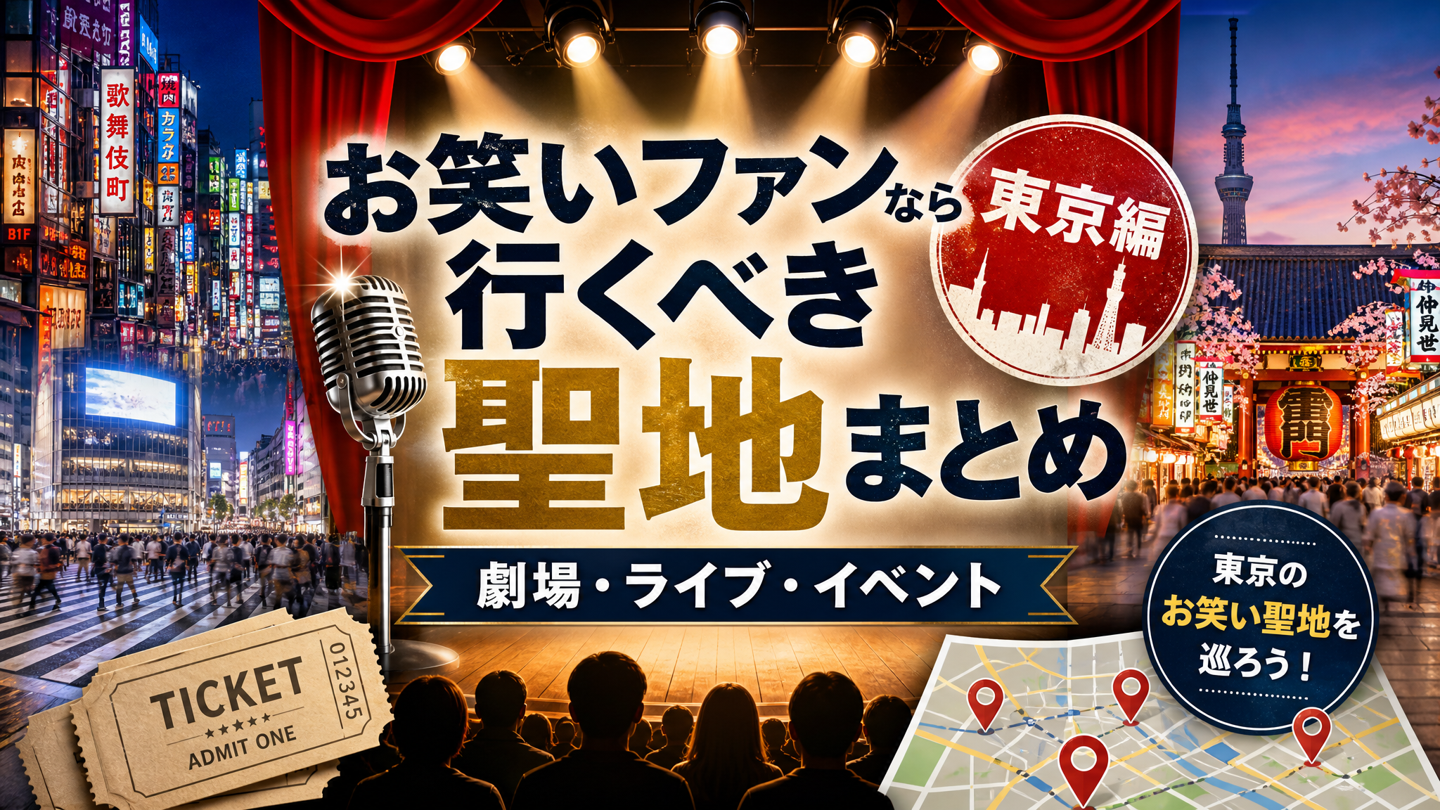 東京のお笑い聖地をテーマにしたアイキャッチ。新宿・渋谷・浅草を想起させる街の雰囲気を背景に、赤い舞台幕、マイク、チケット、スポットライトを配置し、「お笑いファンなら行くべき聖地まとめ 東京編」「劇場・ライブ・イベント」の文字を入れたブログ用デザイン